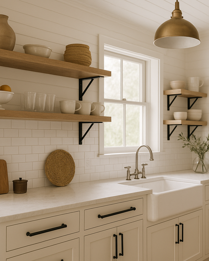 Modern kitchen with white cabinets, wooden shelves, and brass fixtures.