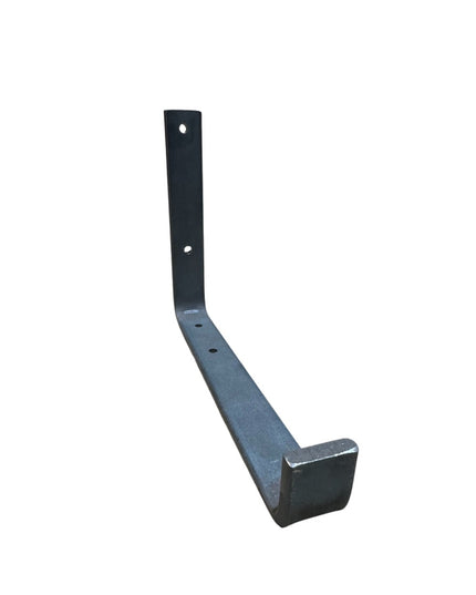 Black metal Earl Style J Shelf Bracket by Industrial Farm Co with curved design and mounting holes on white background