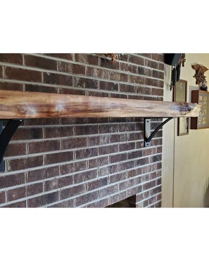 Heavy duty steel Dibbles 3" industrial shelf bracket with curved support bar mounted on brick wall supporting rustic wood ...