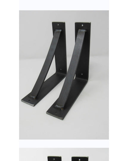 Black steel industrial shelf brackets with curved support bars, heavy duty L-shaped wall mount design by Industrial Farm Co