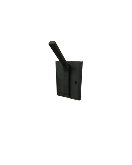 Black metal wall mounted hook with angled design and mounting plate featuring two screw holes - The Tator Hook by Industri...