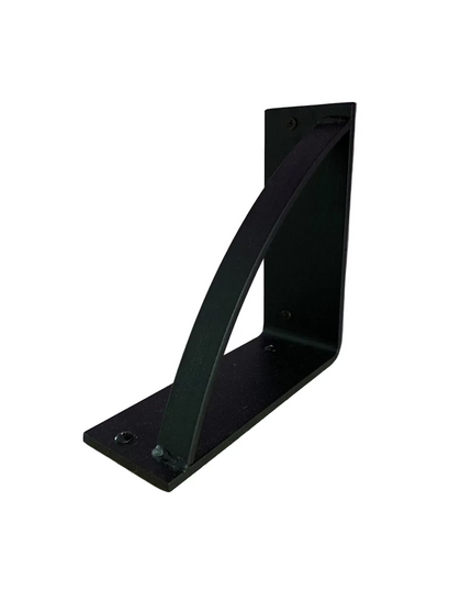 Black metal triangle shelf bracket "The Brie Bookshelf Bracket" by Industrial Farm Co mounted on natural wood against purp...