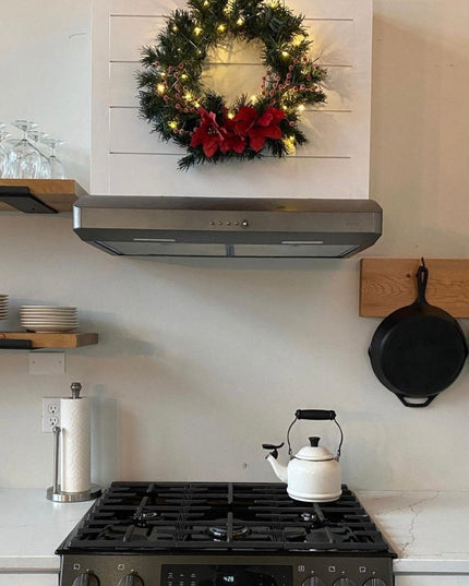 Modern kitchen featuring Industrial Farm Co Dudley 3" black steel J shelf brackets supporting wooden floating shelves with...