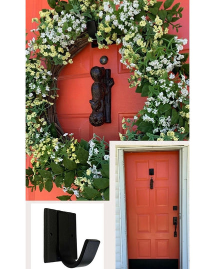 Black wrought iron Dublin Mudroom Hook by Industrial Farm Co mounted on white wall, featuring rustic farmhouse design with...