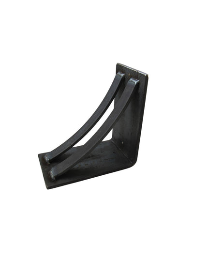 Black metal triangular corbel bracket with curved support ribs by Industrial Farm Co, The Little Falls design on white bac...