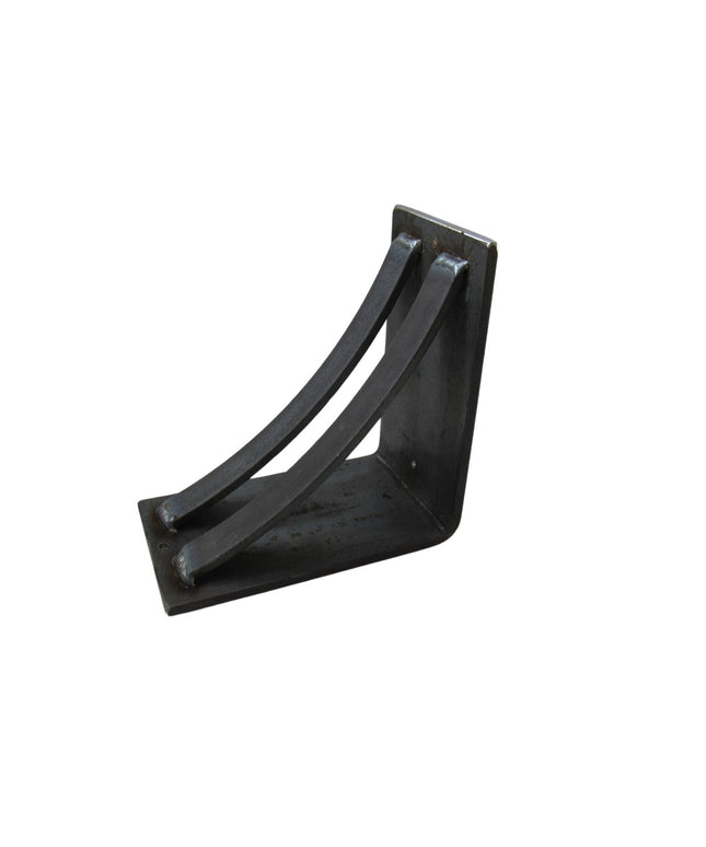Black metal triangular corbel bracket with curved support ribs by Industrial Farm Co, The Little Falls design on white bac...