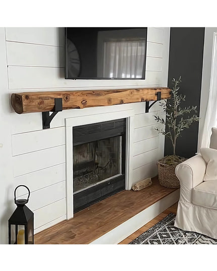 Industrial Farm Co Seneca 3 inch black metal farmhouse mantel brackets supporting rustic wood beam above white shiplap fir...