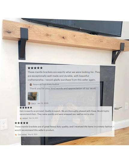The Seneca 3 inch Farmhouse Mantel Bracket by Industrial Farm Co in black metal supporting natural wood beam with customer...
