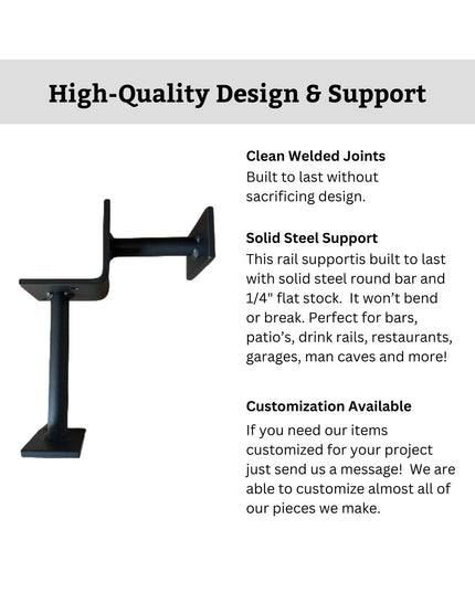 Black steel bar foot rail bracket with welded joints and solid construction by Industrial Farm Co, featuring clean industr...