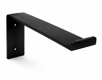 Black metal Z shaped open shelf bracket on a white background