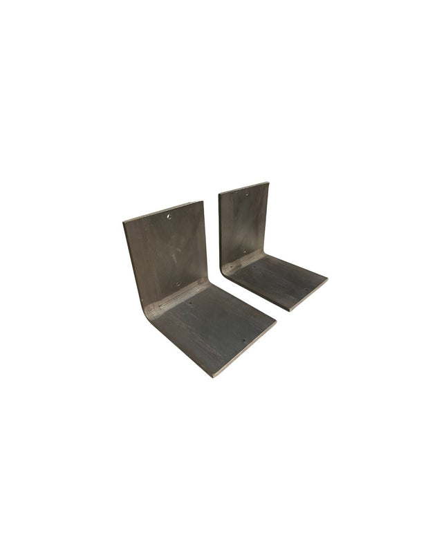 Two heavy duty steel L-shaped shelf brackets in dark gray finish with mounting holes, 5 inch wide support brackets by Indu...