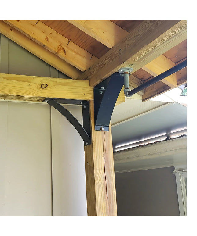 Black metal Andrew Countertop Support brackets mounted on natural wood beam structure by Industrial Farm Co, showing trian...