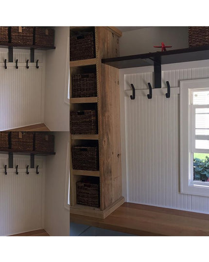 Henrietta 1" wide double hooks in black mounted on white beadboard mudroom storage with wicker baskets and wooden shelving...