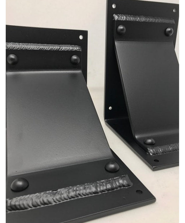 Black metal Geneseo bracket supports by Industrial Farm Co showing welded steel construction with mounting holes and curve...