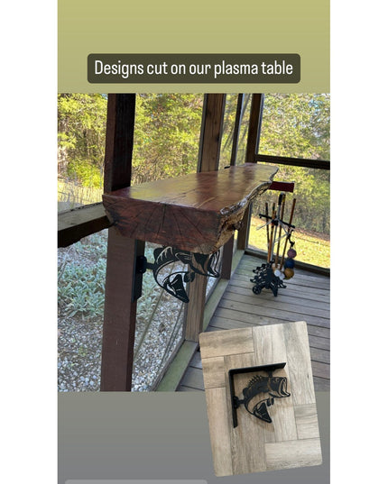 Black metal fish-shaped shelf brackets cut with plasma table, displayed on rustic wooden shelves in outdoor cabin setting ...