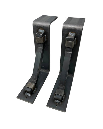 Black steel Bison 3" mantel brackets with square support bars and metal straps by Industrial Farm Co, heavy duty handmade USA