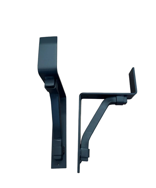 Black steel Bullhorn2 inch mantel brackets with square support bars and metal straps by Industrial Farm Co, heavy duty ha...
