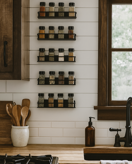 Herdon Wall Mounted Metal Shelf in Matte Black – Kitchen Spice Rack or Bathroom Organizer for Toiletries, Jars, Bottles & Storage Essentials