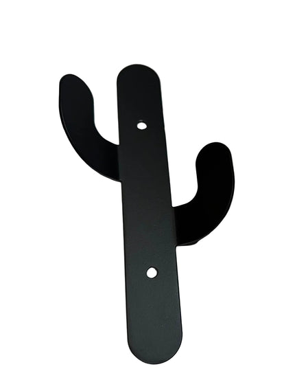 Black metal Sedona Cactus Wall Hook by Industrial Farm Co with two curved arms and mounting holes on white background