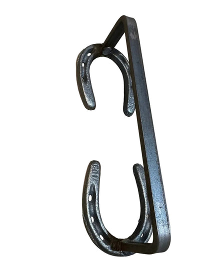 Black wrought iron horseshoe door handle by Industrial Farm Co, featuring rustic Chincoteague Pony Shoe design with curved...
