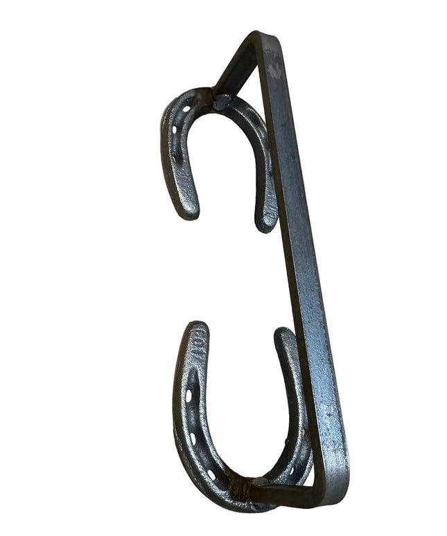 Black wrought iron horseshoe door handle by Industrial Farm Co, featuring rustic Chincoteague Pony Shoe design with curved...