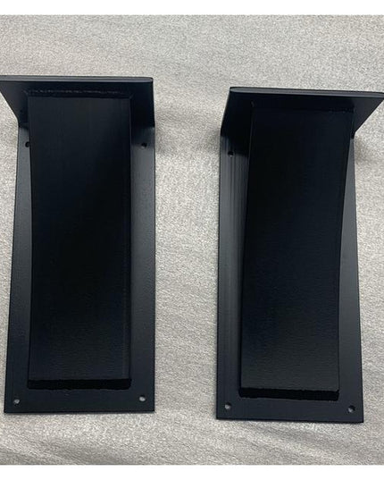Two black metal Cicero Bar Shelf Support brackets by Industrial Farm Co shown against white background, featuring angled c...