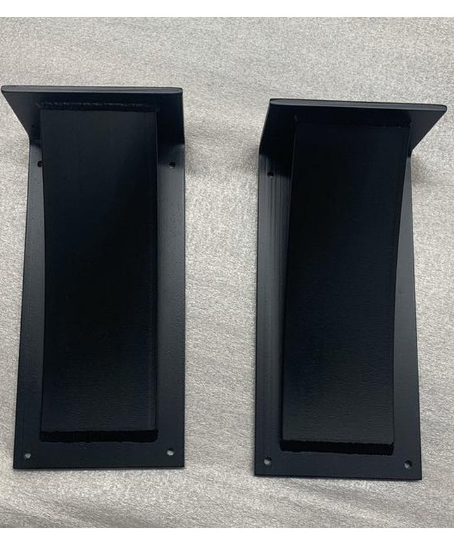 Two black metal Cicero Bar Shelf Support brackets by Industrial Farm Co shown against white background, featuring angled c...