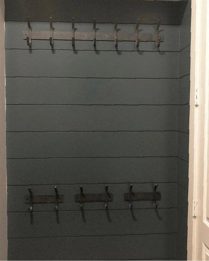 Industrial Farm Co Eastman dark gray wooden wall-mounted coat rack with black metal hooks in mudroom entryway