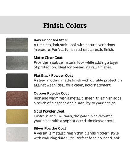 Industrial Farm Co Lafayette L Shelf Bracket finish color options chart showing raw steel, matte clear, black, copper, gol...