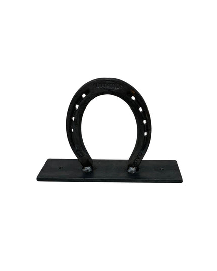 Black steel horseshoe towel holder mounted on rectangular base plate - The Ginger by Industrial Farm Co western bathroom hook