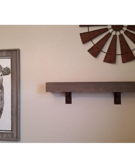 Hornell Industrial dark brown wooden floating shelf with metal bracket supports mounted on farmhouse style wall by Industr...