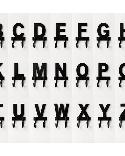 Black metal letter wall hooks A-Z displayed in alphabetical order, each featuring double hooks below for hanging coats and...