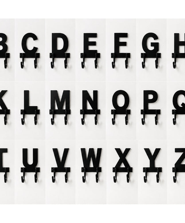 Black metal letter wall hooks A-Z displayed in alphabetical order, each featuring double hooks below for hanging coats and...
