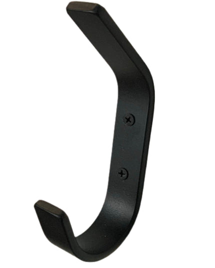 A single double hook featuring a robust, metallic construction. The hook has two prongs extending from a single base, designed for hanging multiple items simultaneously. Each prong is smoothly curved, allowing for easy and secure hanging of coats, hats, or other accessories, with a sleek and functional design