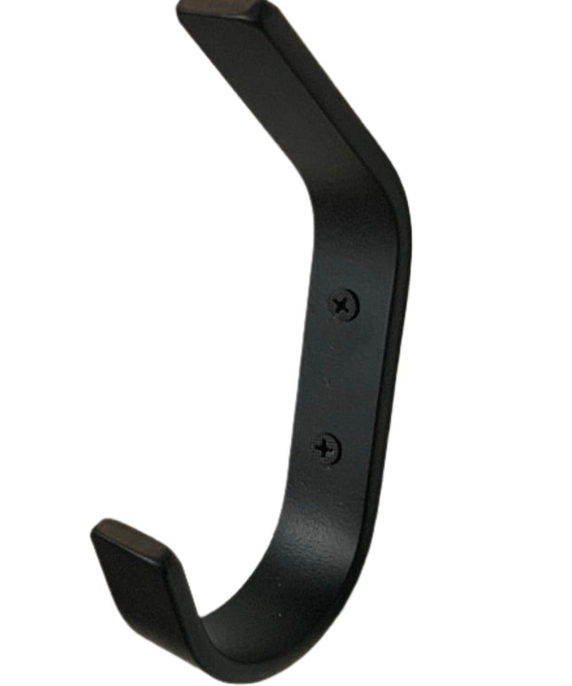 A single double hook featuring a robust, metallic construction. The hook has two prongs extending from a single base, designed for hanging multiple items simultaneously. Each prong is smoothly curved, allowing for easy and secure hanging of coats, hats, or other accessories, with a sleek and functional design