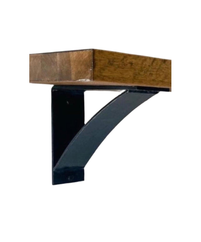 Heavy duty brackets made in the USA.  4 inches wide with 4 inch support bar. Powder coated black holding up bench.