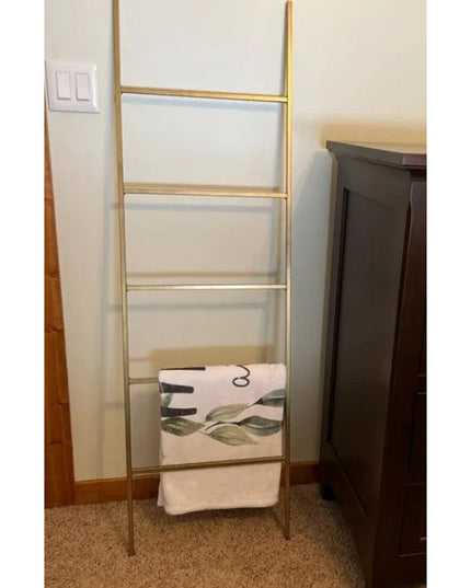 Lynn Metal Ladder by Industrial Farm Co - gold brass finish decorative blanket ladder with folded throw blanket in bedroom...