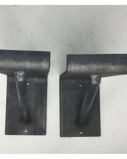 Two black metal Industrial Farm Co Shaver Open Shelving Support brackets with welded construction and mounting holes