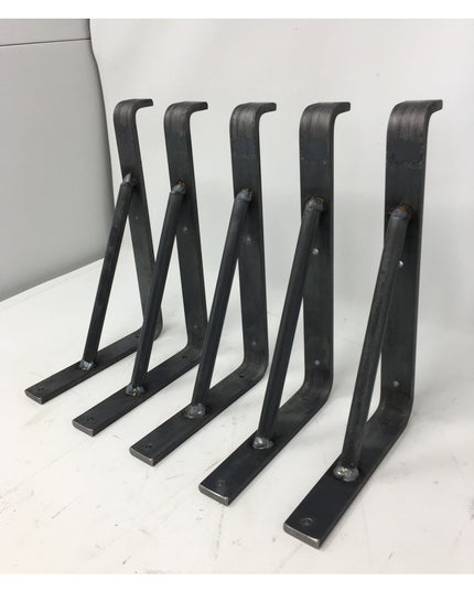 Five black metal L-shaped shelf support brackets from Industrial Farm Co arranged on white surface, showing welded constru...