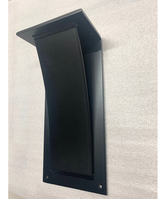 Black metal Cicero Bar Shelf Support bracket with industrial corbel design by Industrial Farm Co, wall-mounted against whi...