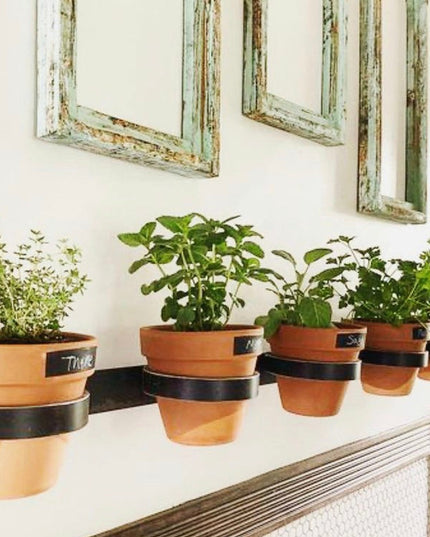 The Yonkers Horizontal Steel Planter by Industrial Farm Co holding five terracotta pots with herbs on white mantel below v...