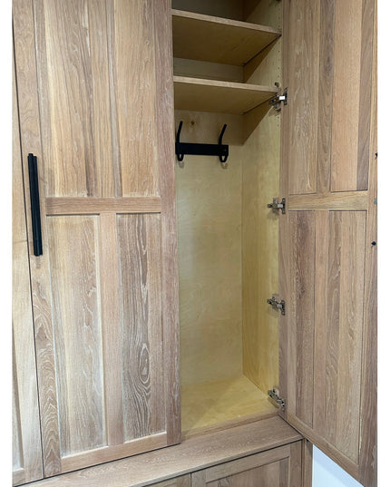 The Eastman Coat & Hook Rack by Industrial Farm Co - open wooden wardrobe cabinet with natural oak finish, shelving, and b...