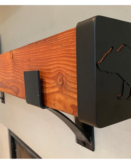 Vandiver Bear Mantel End Caps by Industrial Farm Co featuring black metal bear silhouettes on natural wood grain mantel sh...