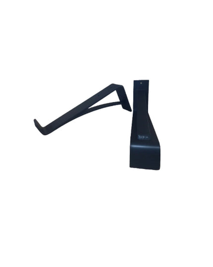 Black metal Saratoga Shelf Support Bracket by Industrial Farm Co showing L-shaped design with decorative triangular brace