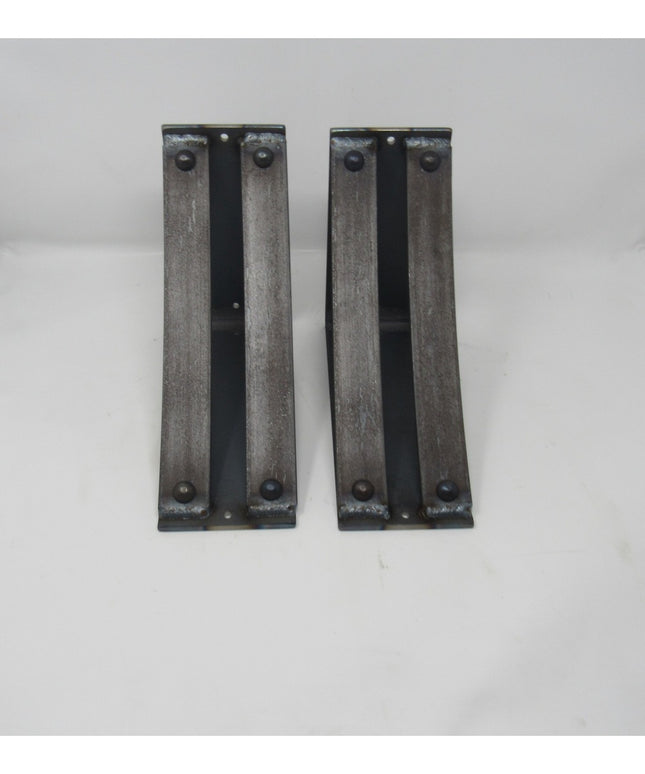 Two black wrought iron Jamestown 4" Wide Shelf Brackets by Industrial Farm Co with rustic finish and mounting holes