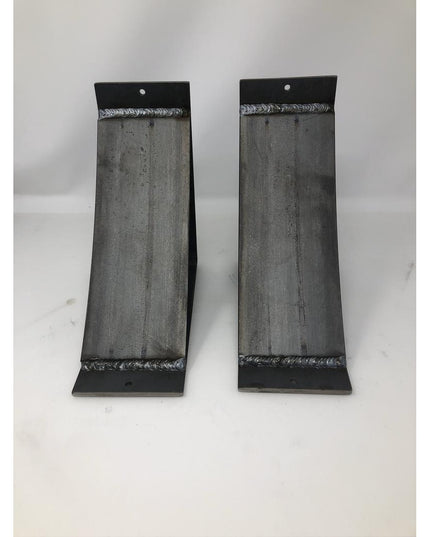 Two black welded steel shelf support brackets with rustic weathered finish, 4 inch wide design by Industrial Farm Co