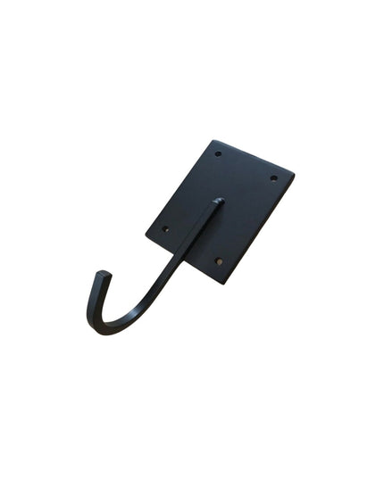 Black metal industrial wall hook with rectangular mounting plate and curved hook arm from Industrial Farm Co