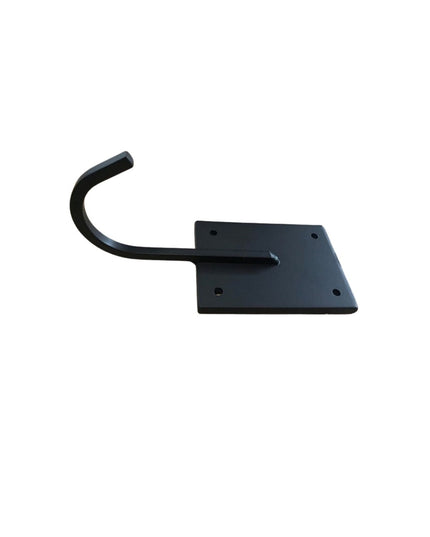 Black metal industrial wall hook with curved arm and rectangular mounting plate with four screw holes - The Marcellus by I...