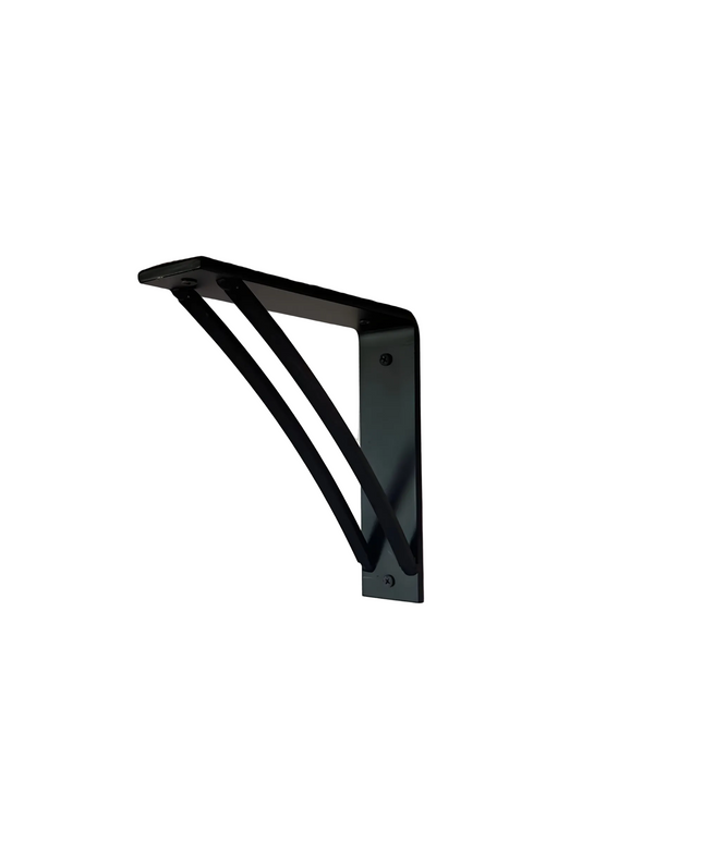 Wooden shelf with a black metal bracket on a light pink background