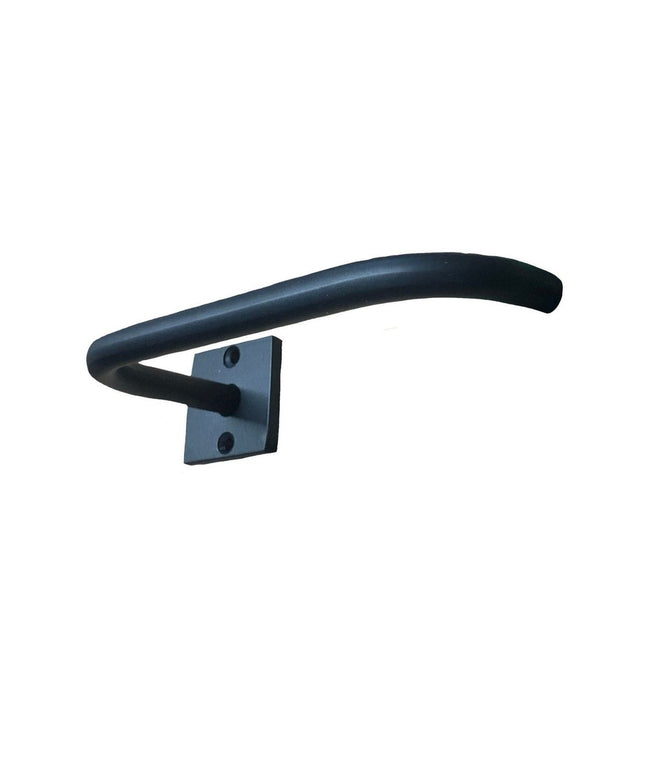 The Mitz Toilet Paper Holder by Industrial Farm Co - black curved metal wall-mounted design with square mounting bracket